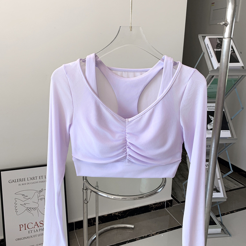 2025 新製品偽ツーピースメッシュヨガウェア Tシャツ女性の長袖通気性痩身フィットネスピラティストップ|undefined