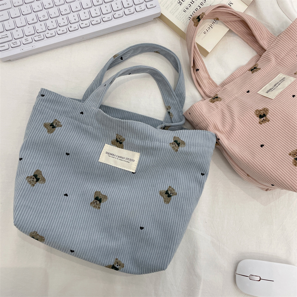 Square Shape Women's Corduroy Little Bear Cute Square Open Tote Bag