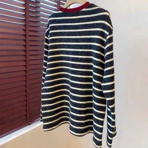 Two-sided velour soft, fluffy, skin-friendly loose fit color-blocking round neck dropped shoulder striped thick long sleeve women's T-shirt