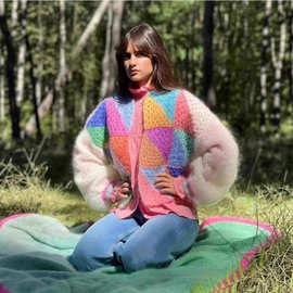 速卖通WISH2023长袖毛外套性感时尚撞色毛衣彩虹女式毛衫