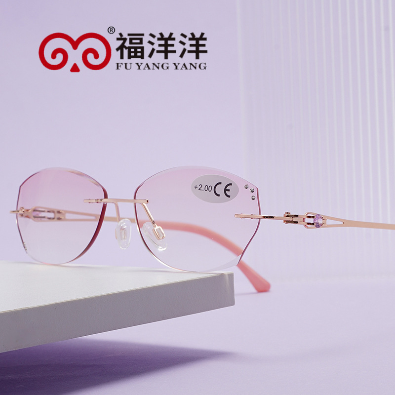 Presbyopic Glasses New Style Cut-Edge Rimless Women's Diamond-Encrusted Fashionable High-Definition Light-Transmitting Presbyopic Glasses for Middle-Aged and Elderly People