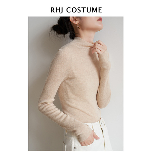 New half turtleneck bottoming shirt for women in winter, tight-fitting inner woolen bottoming top, solid color, versatile long-sleeved bottoming top