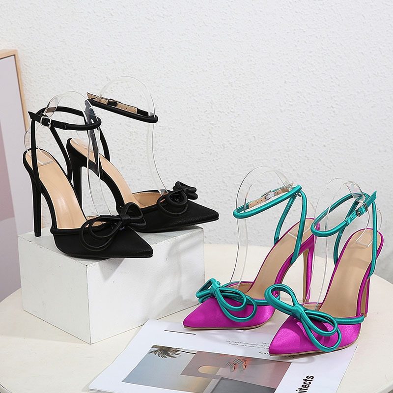 European and American Foreign Trade Fashion Color-matching Bow Pointed Toe Thin-heeled Single-layer Shoes Satin Toe Hollow Strap High-heeled Sandals for Women