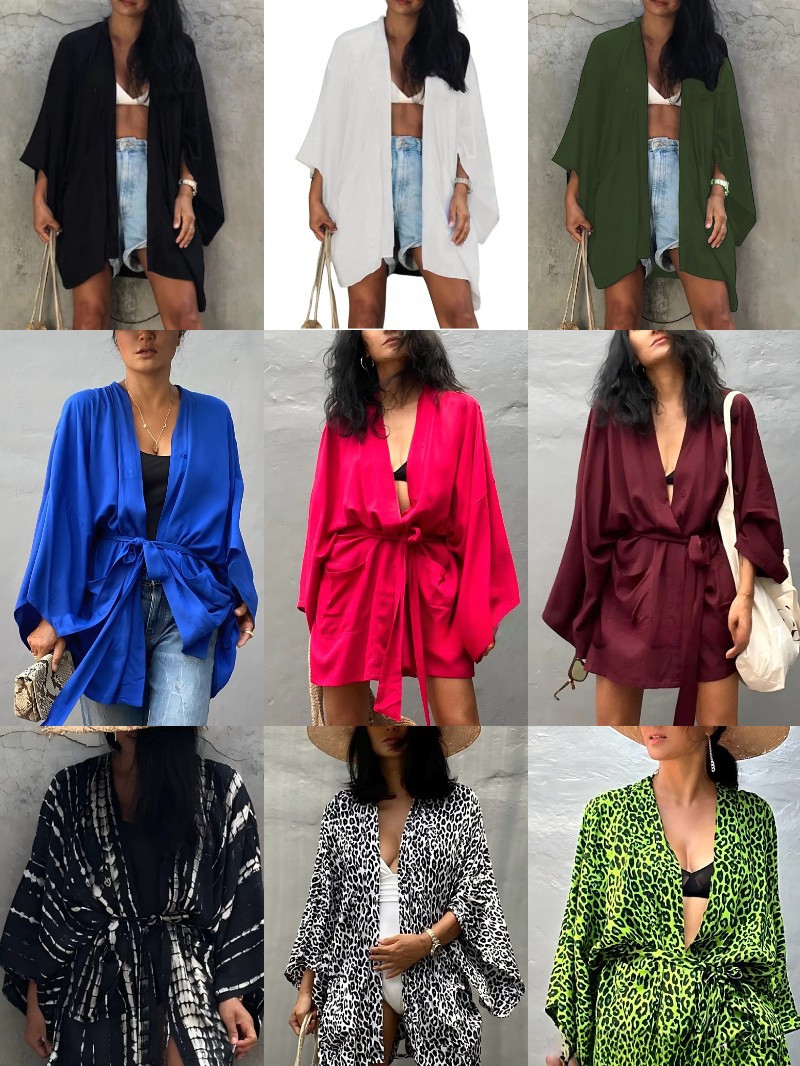 Cárdigan de rayón europeo y americano transfronterizo y kimono blusa suelta corta de todo fósforo camisa de protección solar de vacaciones junto al mar chal M0003