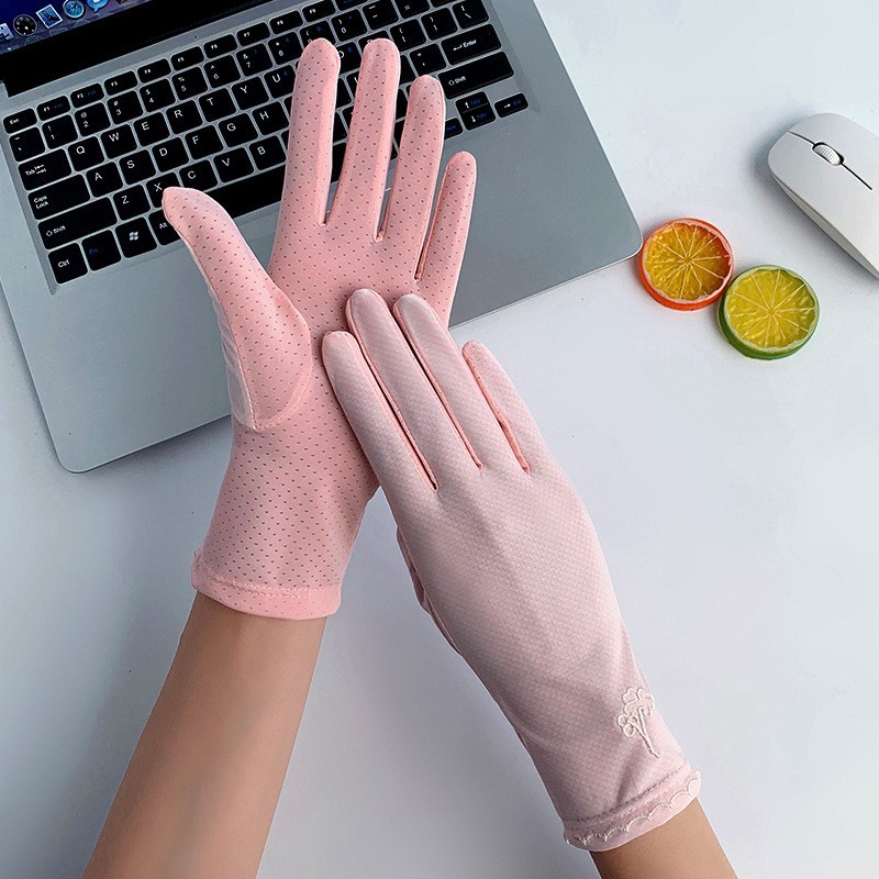 Guantes de protección solar de las mujeres fina protección UV seda de hielo alta elástica verano al aire libre equitación arco guantes de pantalla táctil