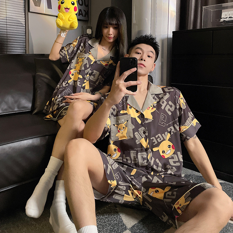 2025 nuevo pijama de pareja de verano de seda de hielo de manga corta para estudiantes lindos ropa de casa de hombre de seda