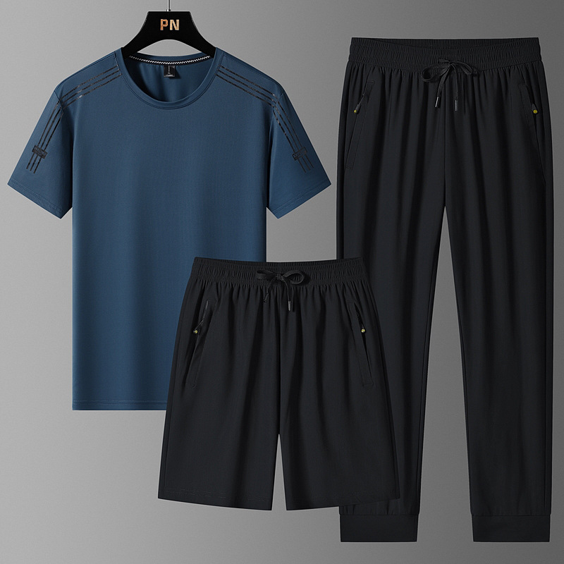 Hombres delgados de tamaño grande juego deportivo de hielo camiseta de cuello redondo suelta secado rápido mangas cortas pantalones cortos 3 piezas al por mayor