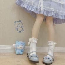 日系洛丽塔蕾丝花边中筒袜软妹Lolita蝴蝶结透气jk小腿袜子女薄款
