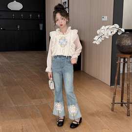 女童新中式花边领衬衫牛仔裤套装春秋2025儿童网红国风春装两件套