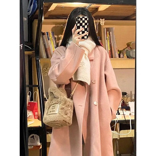 Pink Woolen Coat Women's 2023 Autumn and Winter New Korean Style Loose Mid-length Hepburn Style Woolen Coat