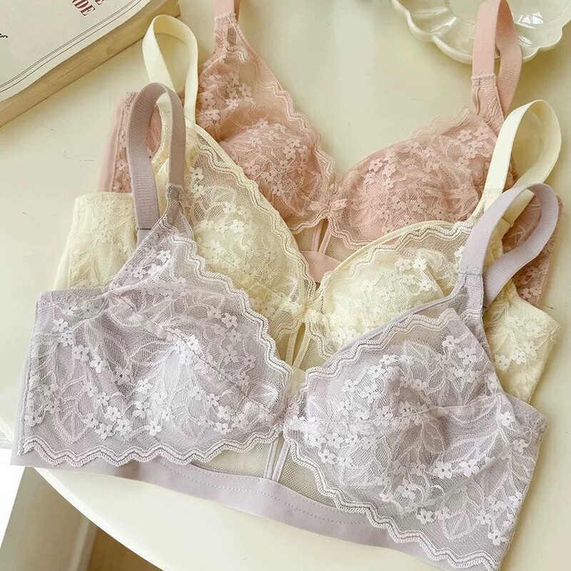 French Style Lace Crystal Cup Big Chest Small Underwear Women's Summer Thin Slim-free Rings Rabbit Ear Cup Bra