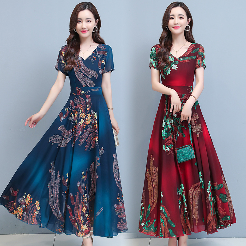 2021 Summer Women's Overknee V-neck Large Swing Dress Elegant Korean Printed Slim Middle-aged Women's Dress