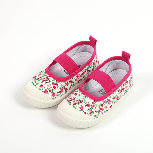 Nanlu Factory Children's Shoes Wholesale 2024 Children's Canvas Shoes Plain Mouth Slip-on Shoes with Elastic and Small Flower Patterns Square Mouth Girls' Shoes