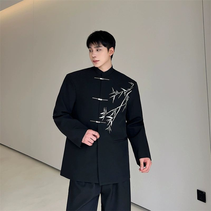 1 Yeni Çin Hafif Ulusal Üst Siyah Dik Yaka Bambu Batı Ceket Erkek İlkbahar Sonbahar Uçak Düğmesi Etnik Stil_voghion.com