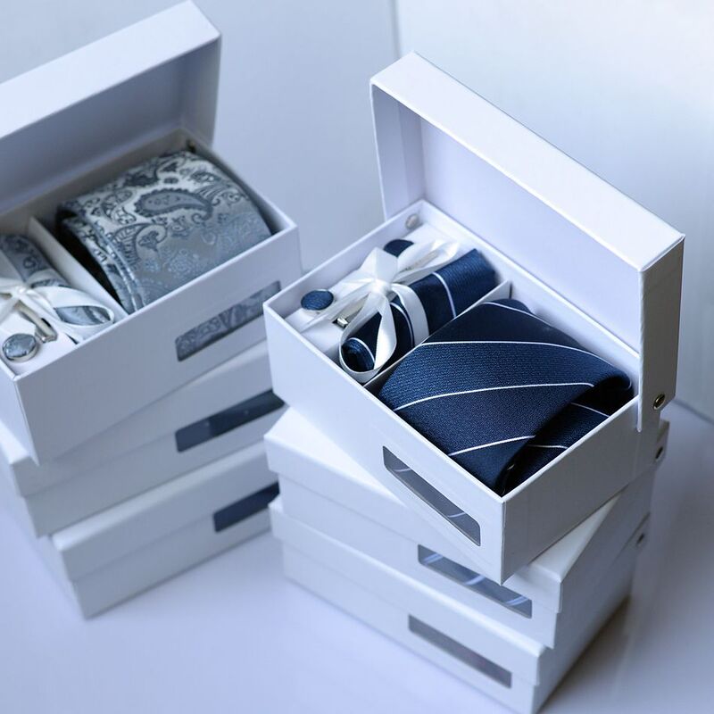 High-Quality Men's Six-Piece Formal Business Black 8cm Striped Tie Set, Groom's Wedding Gift Box, Fashionable