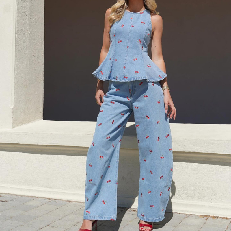 European and American Cross-Border Aliexpress Summer Vintage Embroidered Top Loose Trendy Straight-Leg Denim Set Long Pants 213 European and American Cross-Border Aliexpress Summer Vintage Embroidered Top Loose Trendy Straight-Leg Denim Set Long Pants 213