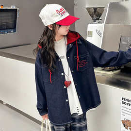 女童牛仔外套秋季2025新款中大童时尚洋气韩系毛线连帽牛仔外套