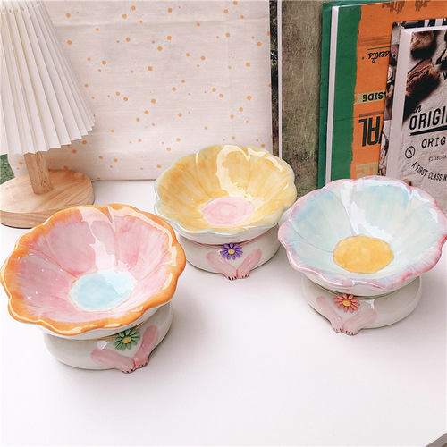 Cat bowl ceramic cute cat food bowl cat feeder tall leg slanted rim rice bowl drinking bowl cervical protection cat dish dog bowl