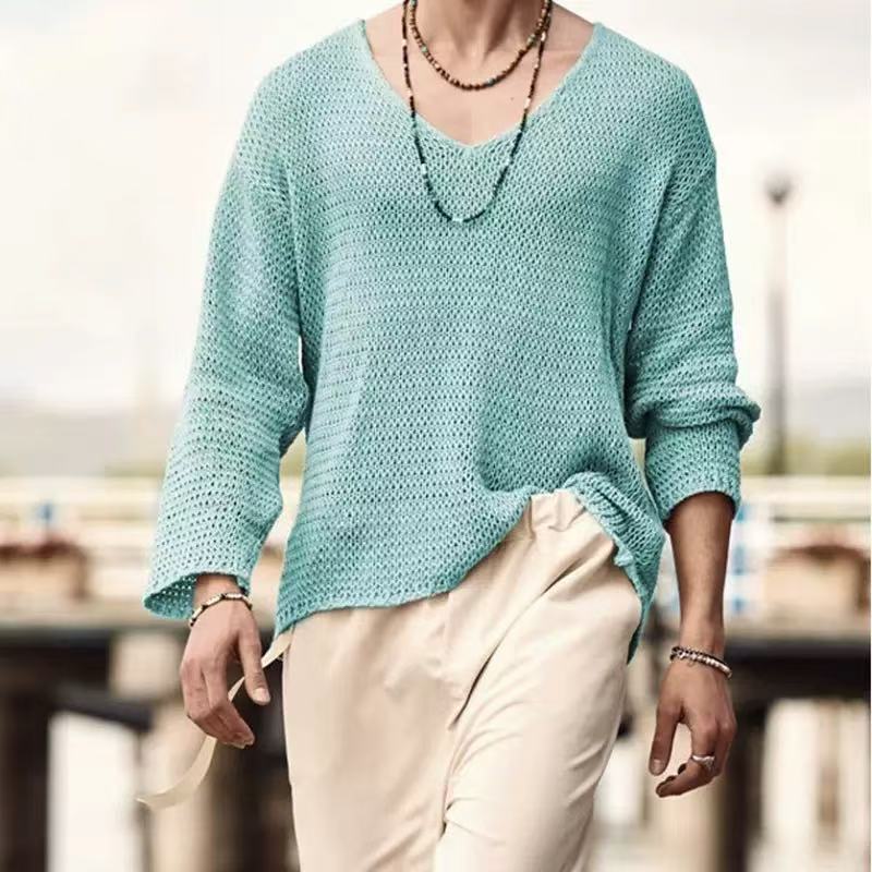 European and American Men's Long-Sleeved V Neck Loose Sweater Fashion Casual Pure Knitted Pullover Cross-Border Men's Plus Size European and American Men's Long-Sleeved V Neck Loose Sweater Fashion Casual Pure Knitted Pullover Cross-Border Men's Plus Size