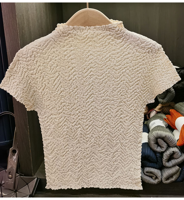 Áo thun nữ cổ tròn tay ngắn họa tiết dứa jacquard xếp ly mùa hè — Màu xanh lam nhạt, Màu xanh lục nhạt, Màu đen, Màu trắng be chi tiết 8