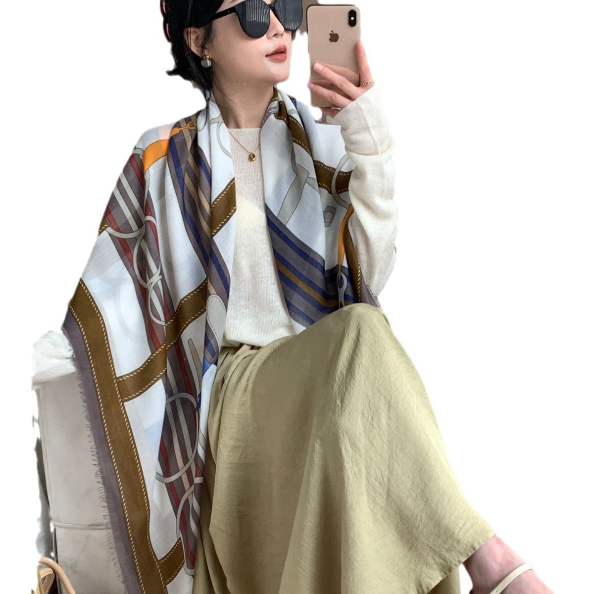 Nueva cadena coreana impresa algodón y lino sensación toallas grandes 2024 otoño alta sensación exterior con bufandas delgadas