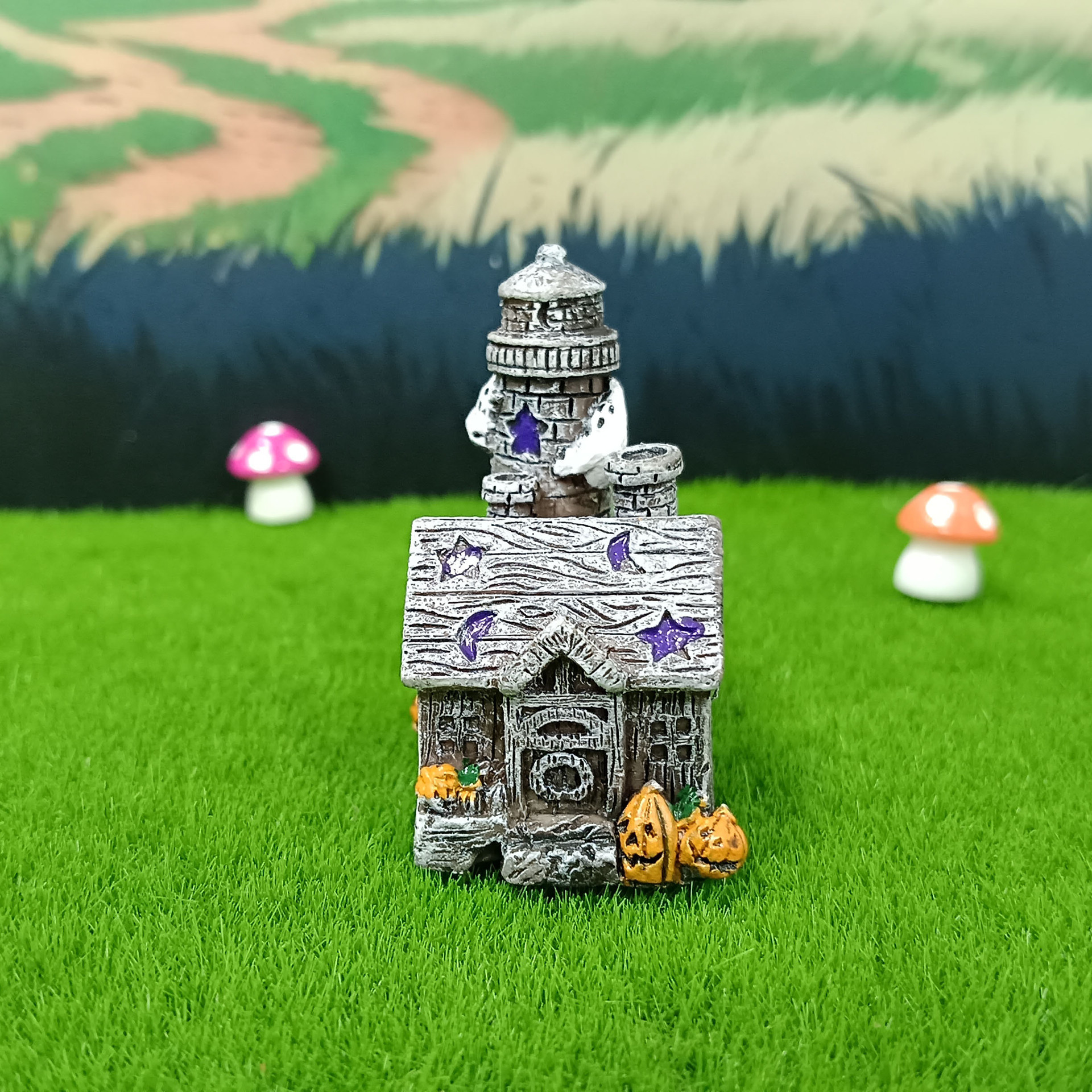 Pequeña pecera, paisaje de micro-paisaje, plantas en macetas carnosas, decoración de Halloween al por mayor, resina de simulación, castillo europeo