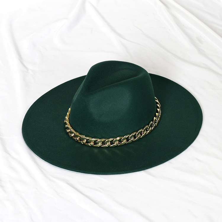 Sombrero de jazz con cadena dorada, sombrero francés vintage de ala ancha en forma de corazón para mujer, sombrero de fieltro oversize.