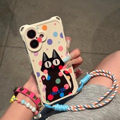 彩色波点黑猫适用苹果16手机壳oppo挂绳防摔vivo小米15华为pura70
