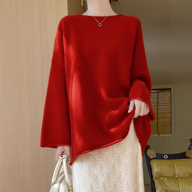 Roll-up Round Neck 100 Pure Wool Sweater Women's Loose Lazy Style Shoulder Sleeve Long-sleeved Sweater Loose Wool Base Shirt