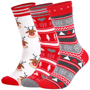 In-Stock Amazon Cross-Border Autumn New Men's and Women's Socks Santa Claus Reindeer Christmas Socks Mid-Calf Socks Trendy Cotton Socks