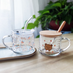 ins玻璃杯吸管牛奶早餐杯可愛卡通刻度杯子加蓋勺禮品印字logo