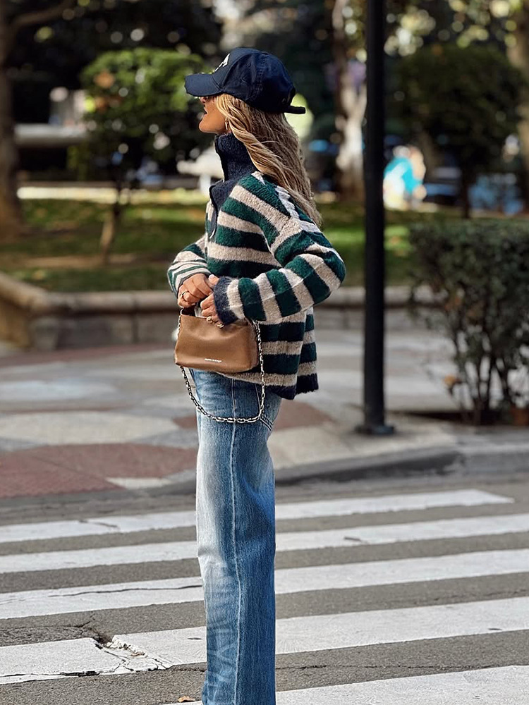 Moda universal rayas de cuello alto suéter de color contraste chaqueta mujer 2025 transfronteriza Europa y Estados Unidos otoño y invierno nuevo caliente image 4