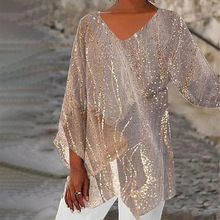 欧美女装2025春秋新款时尚宽松亮片星空印花长袖V领T恤女