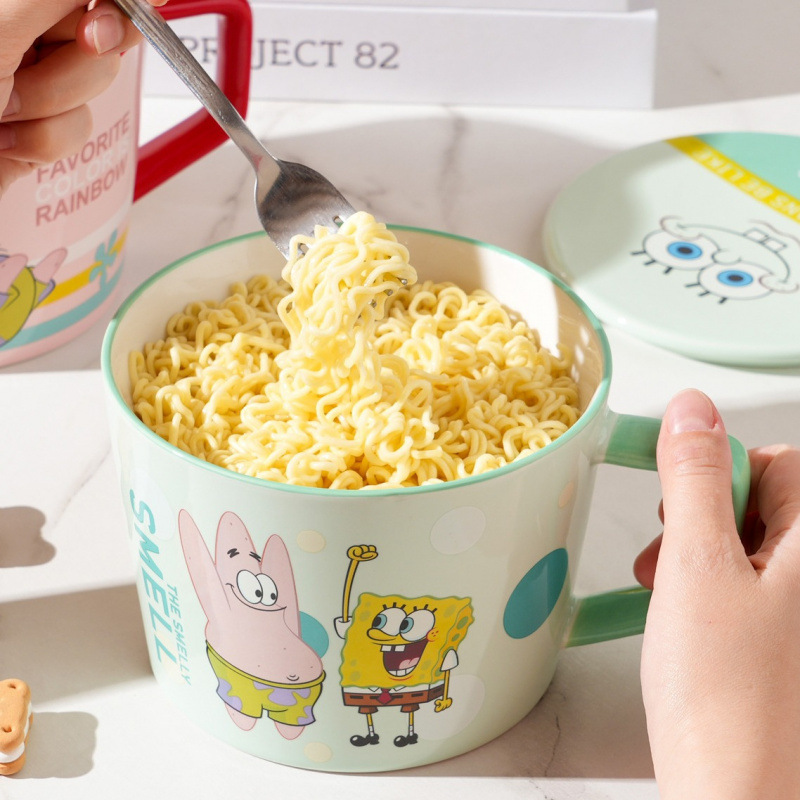 Bob Esponja cerámica con cubierta de espuma taza de fideos tazón set de cubiertos pareja casero regalo de cumpleaños inwind