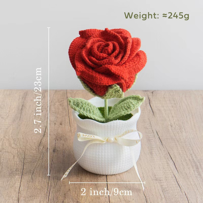 Ready-made hand-knitted rose artificial flower potted plants, office desktop potted plants, knitted flower ornaments, artificial flowers wholesale pic 3