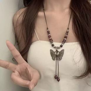 Retro New Chinoiserie Ceramic Butterfly Bell Pendant Necklace Women's 2025 New Trendy Long Sweater Chain Accessories