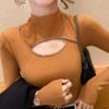Hollow out half high neckline studded with diamond base shirt