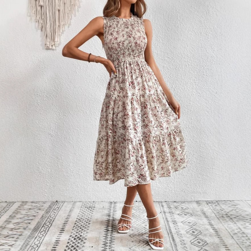 2025 Summer Floral Print Sleeveless Round Neck Ruched Dress High Waist Slimming Design European and American Style Printed Dress