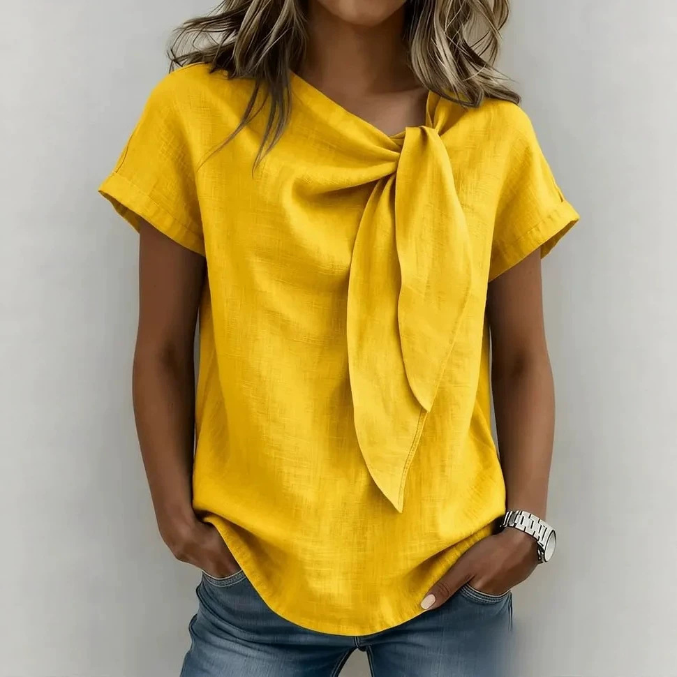 Elegant Women's Cotton Linen Blouse Bow Detail Casual Shirt Comfortable Fashionable Twist Top for Ladies_ecoleips.com