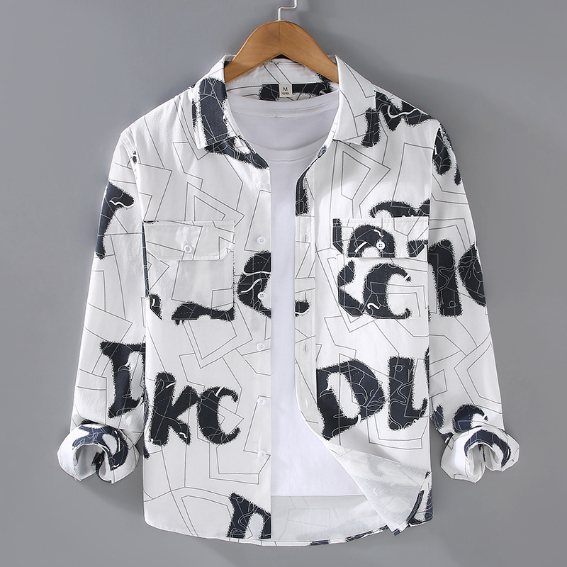 Long sleeved shirt, men's pure cotton with large letters, new products for spring and autumn, versatile outerwear for teenagers and students_voghion.com