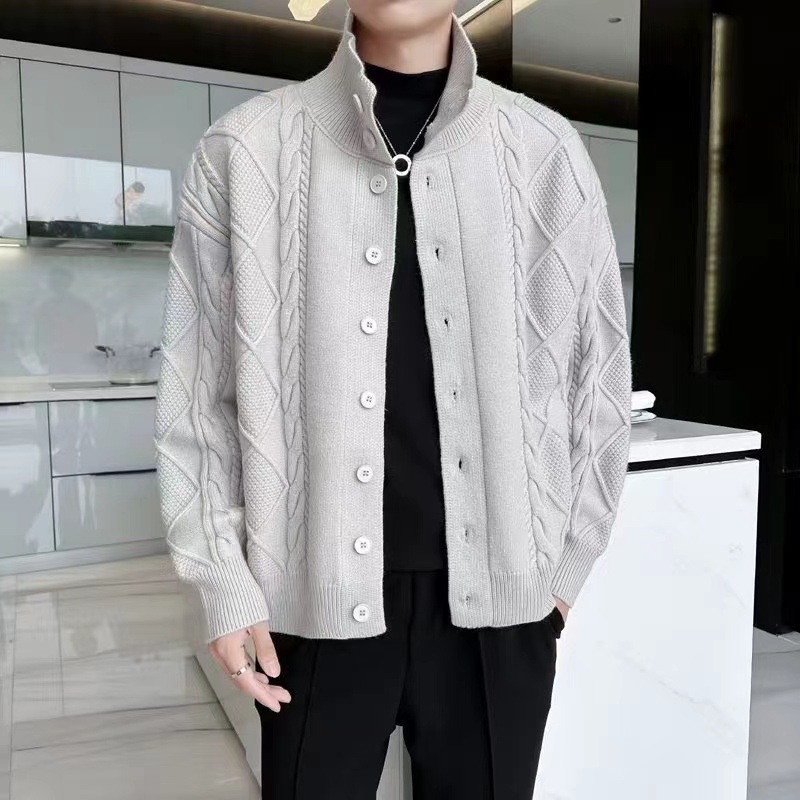 Knitted Sweater Jacket For Men, Autumn And Winter Loose Cardigan Sweater, Handsome Stand Up Collar, Thread Jacket_viptrois.com