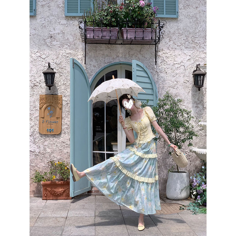 Sweet Style Gentle Short-Sleeved Babydoll Shirt Lace-Up Top Women's Summer Oil Painting Cake Skirt Two-Piece Set