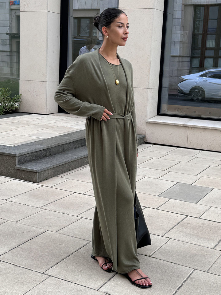 Bộ đầm dài kèm áo cardigan dệt kim dài tay nữ — Màu cà phê đậm, Màu hồng, Màu trắng, Màu xám chi tiết 77