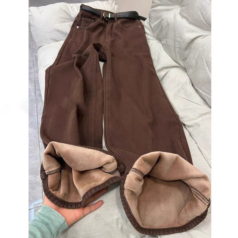 Maillard Brown Velvet Thickened Wide Leg Jeans Women's 2025 Autumn and Winter High Waist Loose Slim Straight-Leg Pants