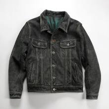 阿美咔叽复古做旧牛仔真皮皮衣男翻领加厚进口小牛皮风暴骑士夹克