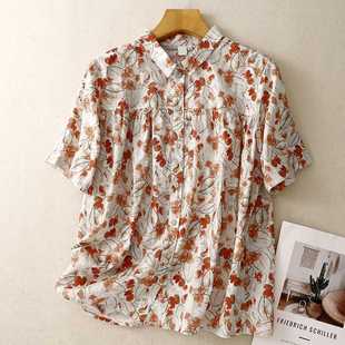 Real Shot of Summer Forest Style Pure Cotton Printed Shirt Retro Literary Loose Large Size Lapel Shirt Women's Top 790 #