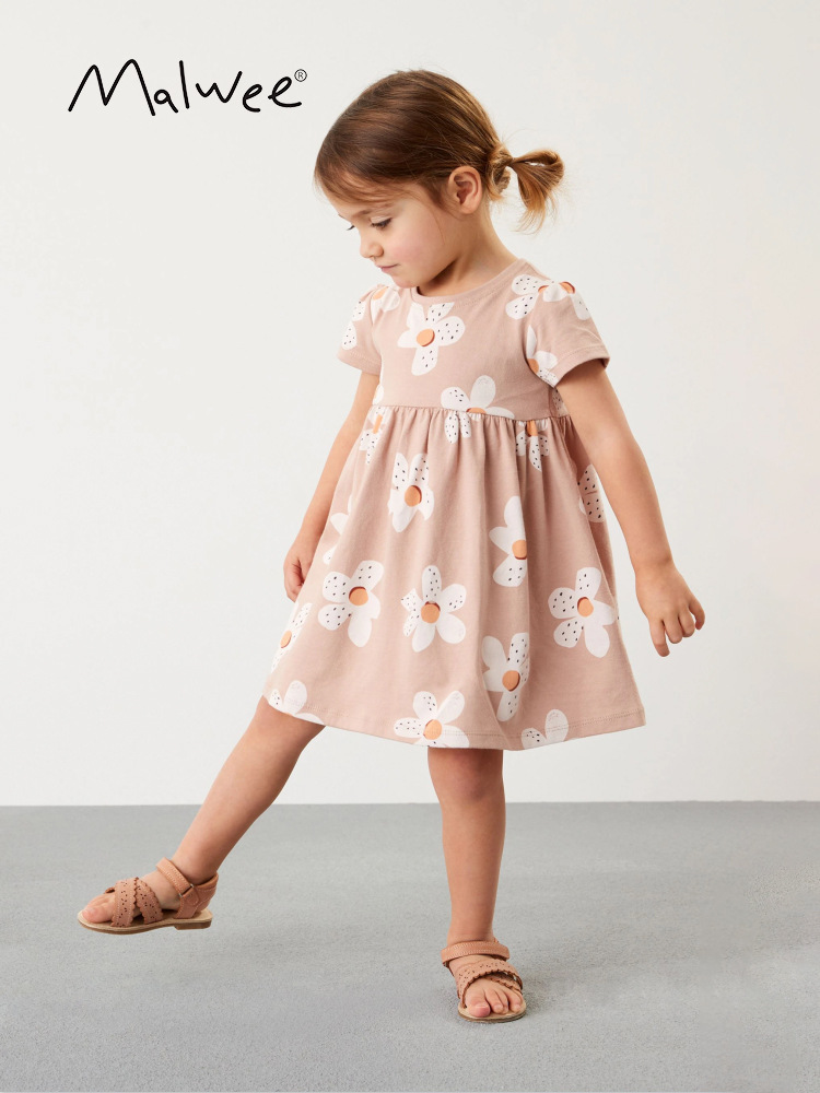 Malwee vestido de los niños de verano nuevo europeo y americano de los niños casual cuello redondo lindo manga corta princesa vestido occidental