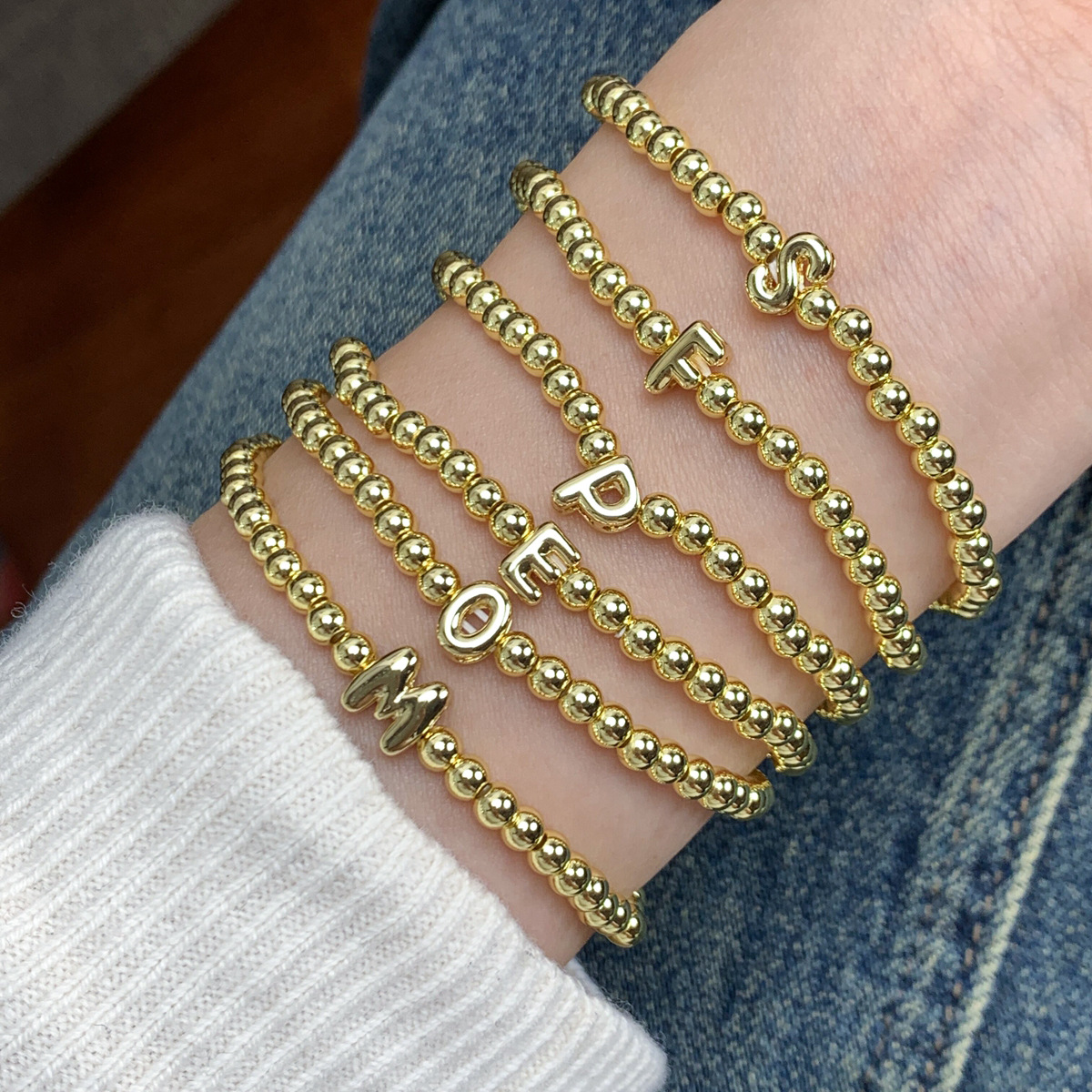 Daily Occasion Copper Material Letter Pattern Wholesale Jewelry Simple Style Letter Copper 18K Gold Plated Bracelets Ball Chain