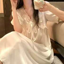 宫廷夏季新款甜美公主风冰丝睡裙圆领慵懒风法式V蝴蝶结家居服