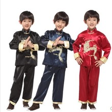 一件代发春秋季童装 男童唐装长袖外套功夫套装表演服 小大龙红色